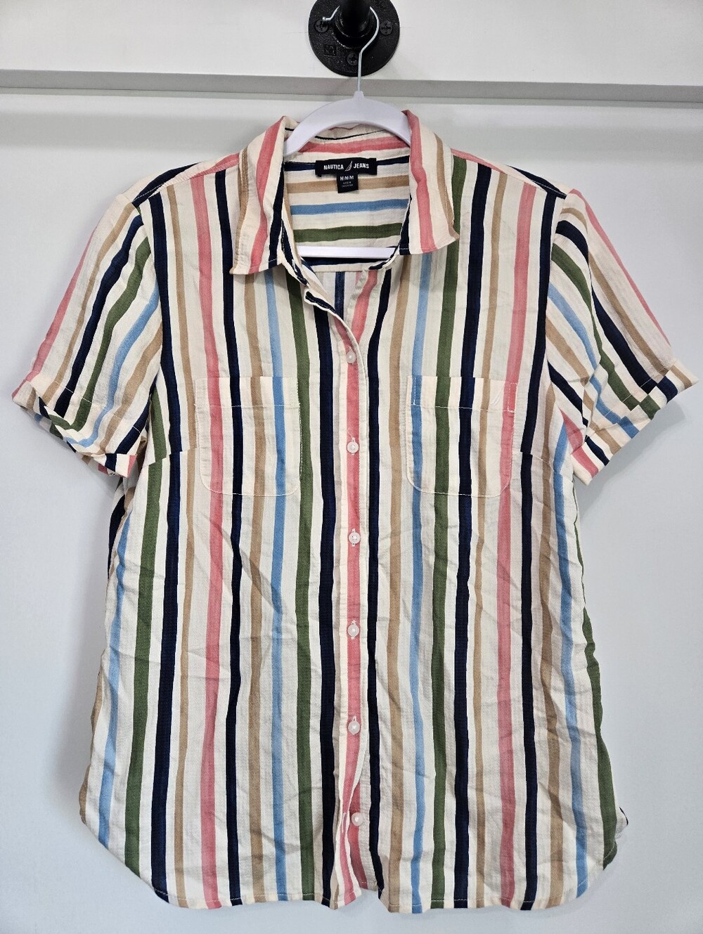 Nautica Jeans Striped Camp Button Front Shirt Medium Pink Blue Green Coastal